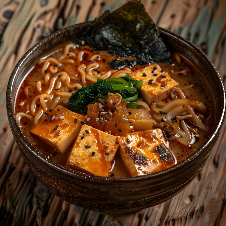 A bowl of Everything Noodles ramen with tofu, spinach, seaweed, and sesame seeds on a wooden table.