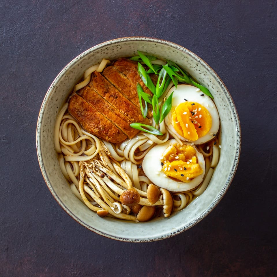 Everything Noodles' bowl of ramen with sliced chicken, soft-boiled eggs, mushrooms, and green onions.